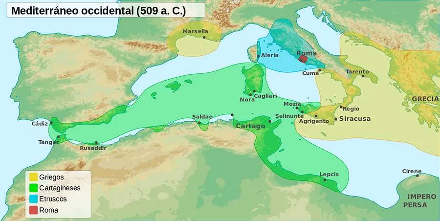 Áreas de influencia del Mediterráneo en el 509 a. C