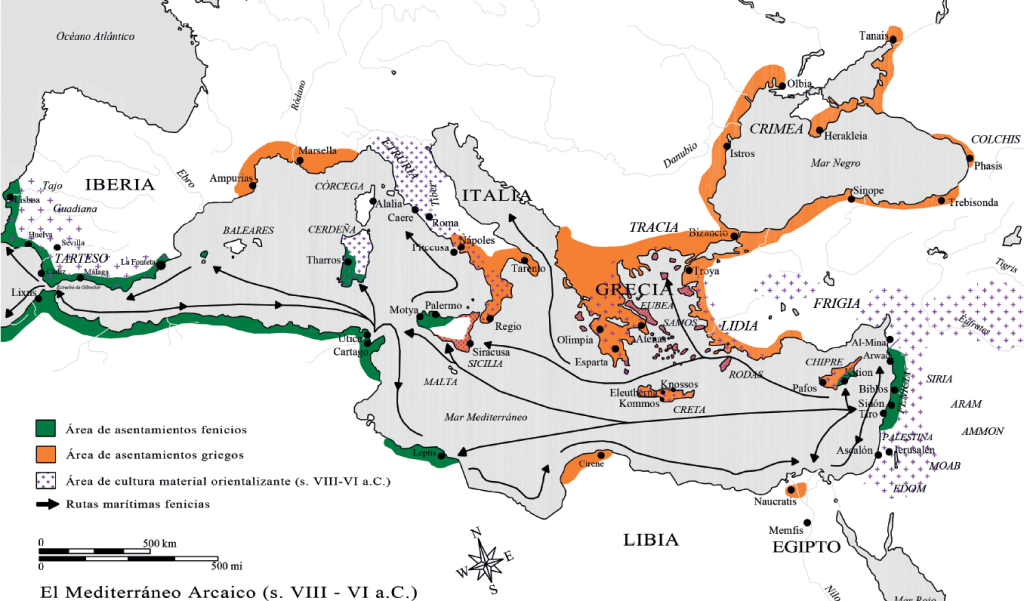 
Áreas de colonización fenicia y griega, siglos VIII-VI a. C., por Carolina López-Ruiz y Esther Rodríguez González