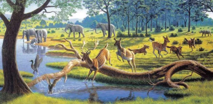 Paisaje interglacial de la Sierra de Atapuerca en el Pleistoceno medio ilustración de Mauricio Antón