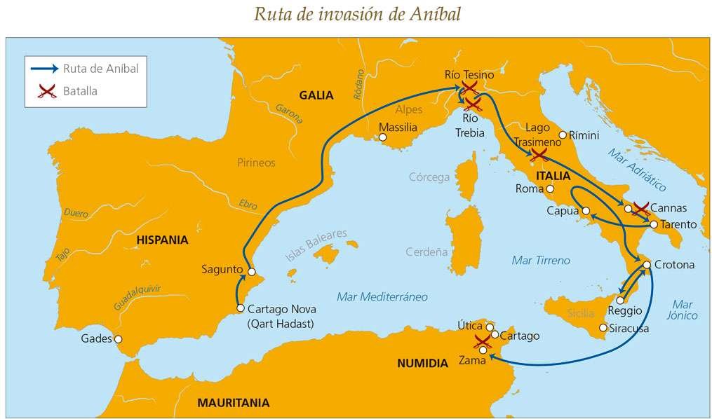 Ruta seguida por Aníbal en la segunda guerra púnica.