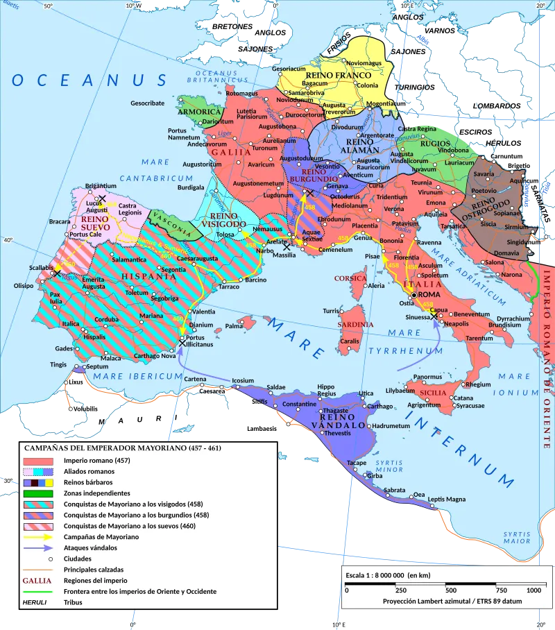 Imperio romano de Occidente en el 460 con las campañas de Mayoriano
