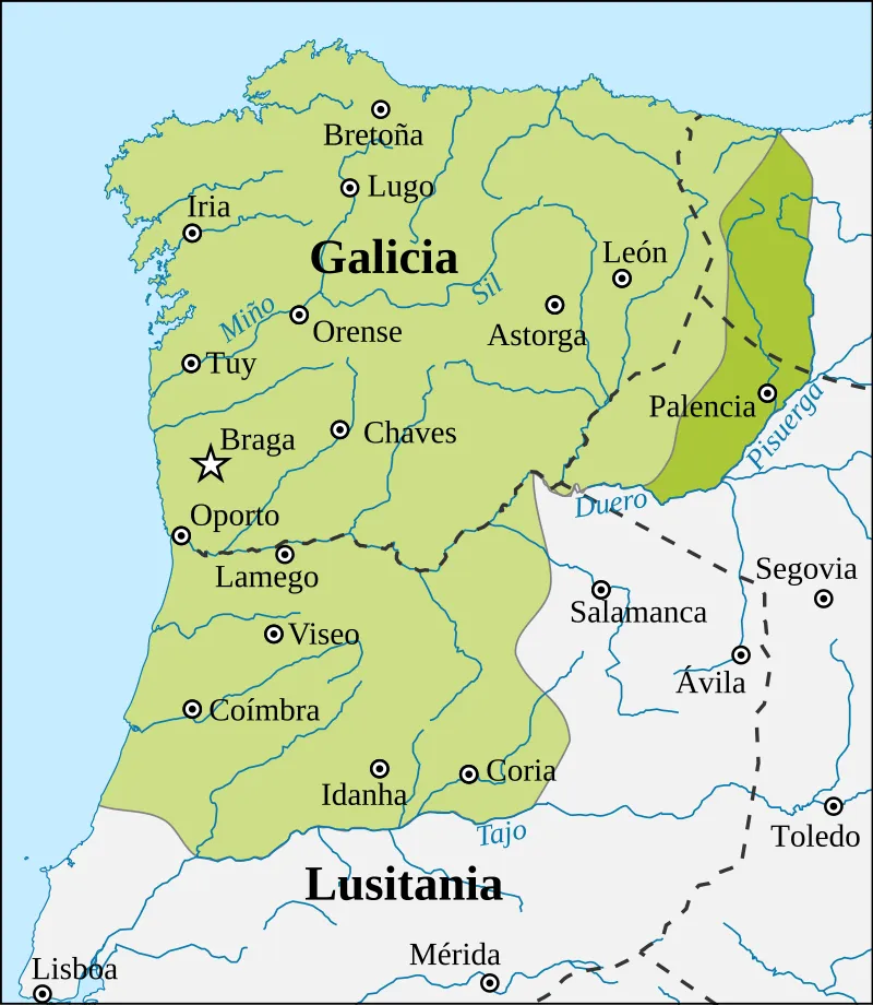 Mapa del Reino suevo, con sus fronteras consolidadas hasta la conquista visigoda del 585