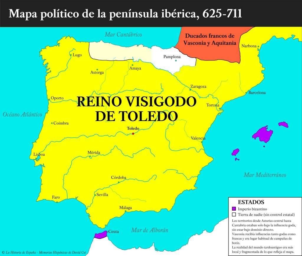 Mapa de la península ibérica, años 625-711. Elaboración propia