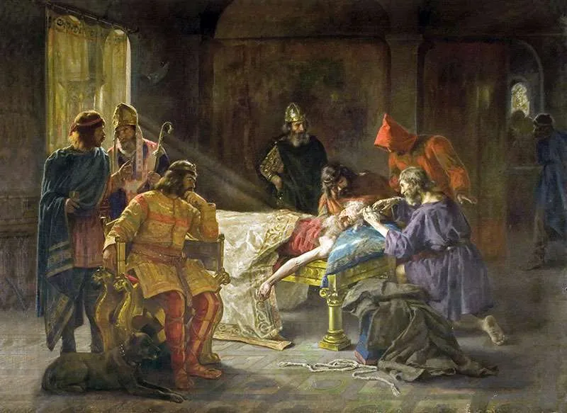 La tonsura del rey Wamba (1894), por Joan Brull i Vinyoles