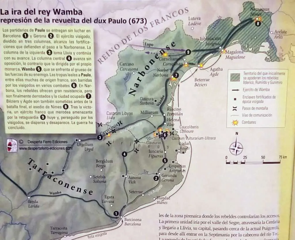 Mapa de la rebelión de Paulo y campaña de Wamba, por Desperta Ferro