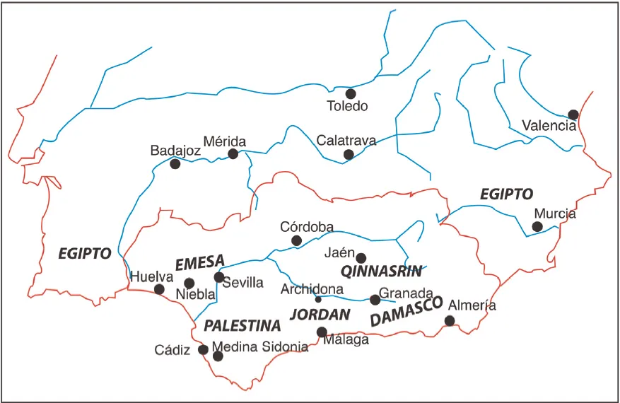 Áreas de asentamiento de los yunds sirios de Balch, por Vicente Salvatierra y Alberto Cantó