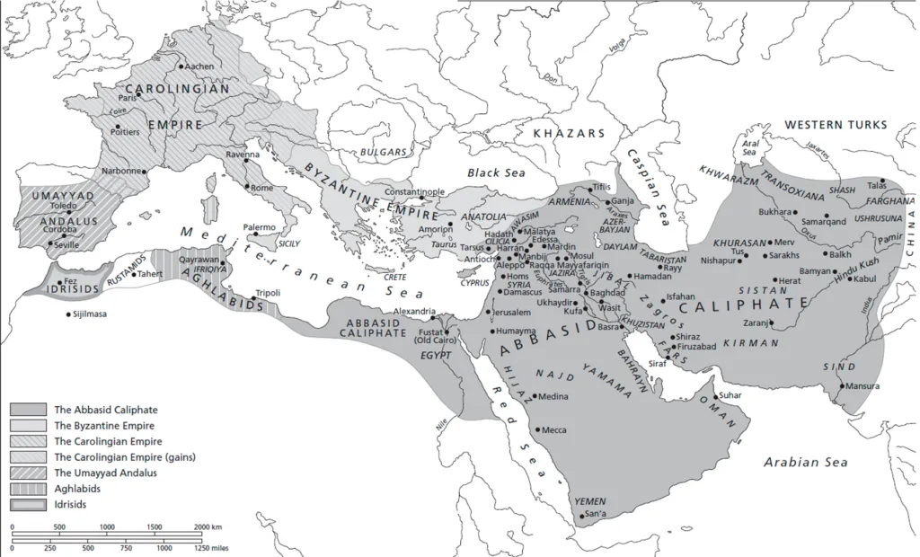 Mapa del califato abasí y los principales poderes del Mediterráneo (siglo IX), por Tayeb El-Hibri