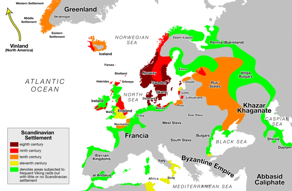 Áreas de asentamiento escandinavo por la expansión vikinga o que sufrieron incursiones vikingas, por Max Naylor
