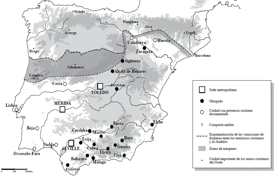 Obispados documentados en al-Ándalus hacia mediados del siglo IX, por Cyrille Aillet