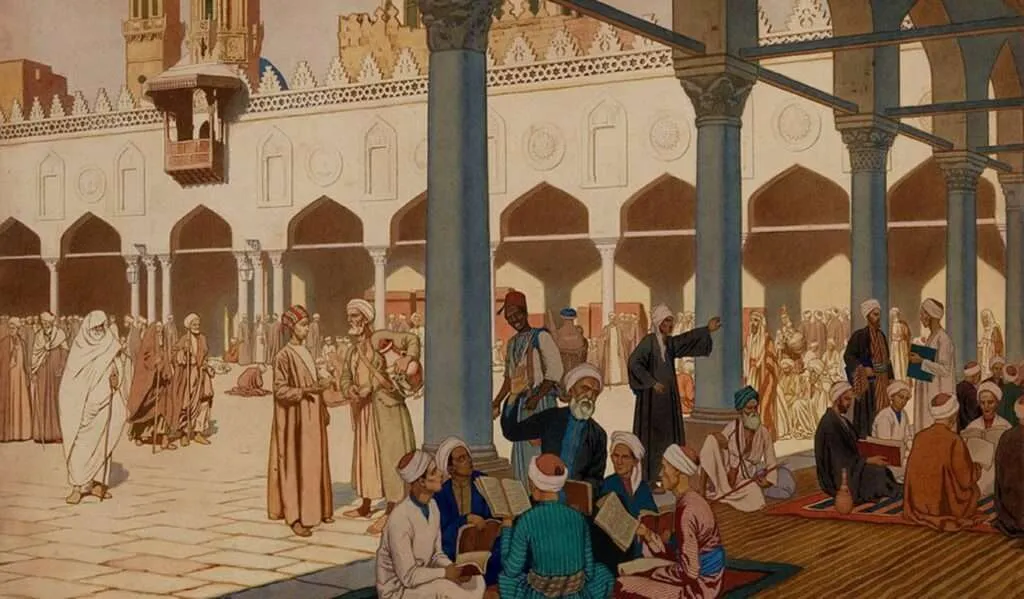 Ulemas estudiando en el patio de la mezquita y complejo universitario de Al-Azhar en El Cairo (1900), por Ivan Bilibin