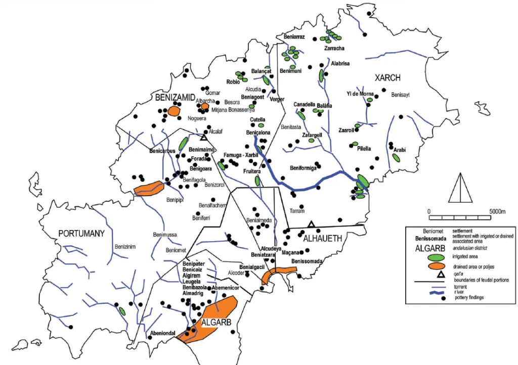Asentamientos andalusíes de la isla de Ibiza, por Helena Kirchner. En verde las tierras irrigadas y en naranja las tierras drenadas