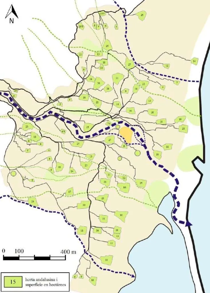 Huertas andalusíes de la huerta valenciana con su superficie estimada en hectáreas, por Ferran Esquilache Martí