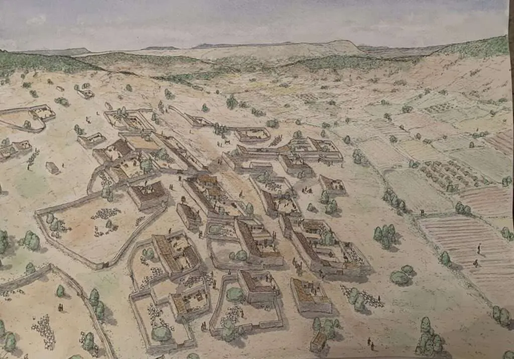 Ilustración recreando la alquería de La Graja (Higueruela, Albacete) en el siglo XI, por Rafa Guinart Pérez