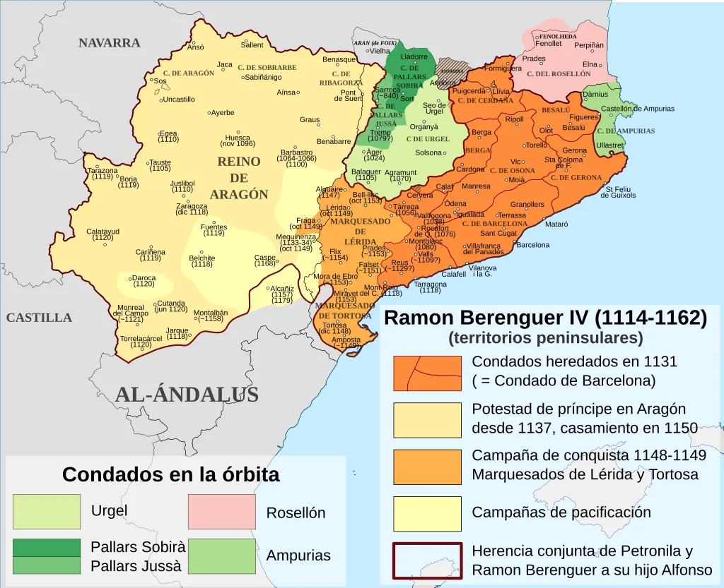 Mapa de Cataluña y Aragón en tiempos de Ramón Berenguer IV (1114-1162)