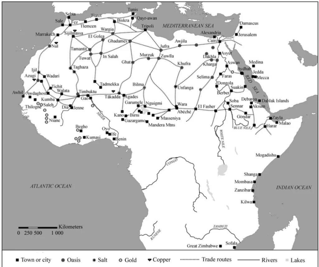 Principales rutas transaharianas medievales, por Eric Ross