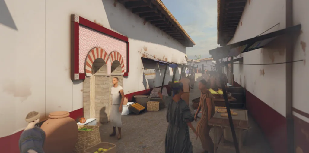 Recreación 3D de tiendas en una calle excavada en los arrabales occidentales de Córdoba, por Cristina Camacho y Rafael Valera
