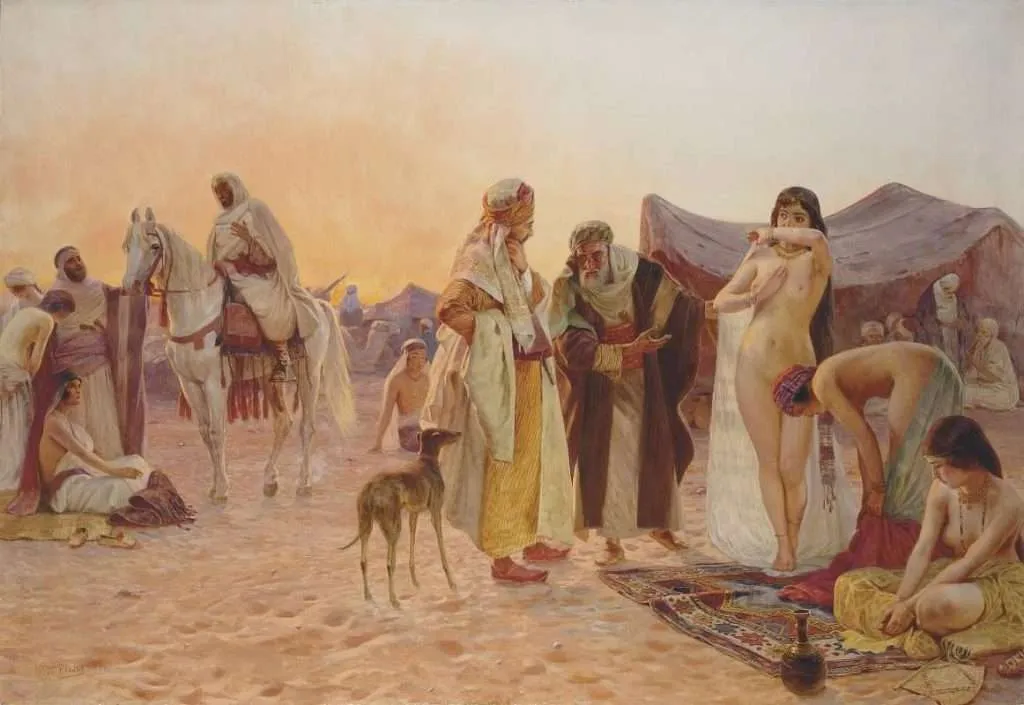 Venta de esclavas a mercaderes árabes (1925), por Otto Pilny. Es una imagen orientalista romantizada del tráfico de esclavo, como la esclavitud de al-Ándalus.