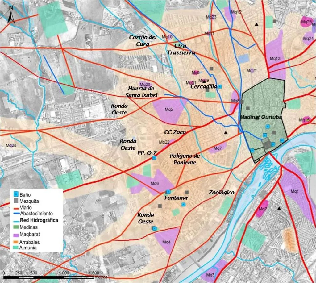 La Córdoba califal sobre planimetría actual de la ciudad con los nombres de las principales zonas excavadas en Poniente (a partir de plano base del Convenio GMU-UCO).