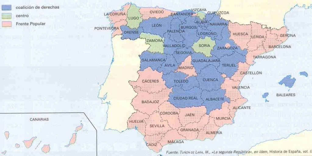 
Filiación ideológica más votada en cada circunscripción en 1936