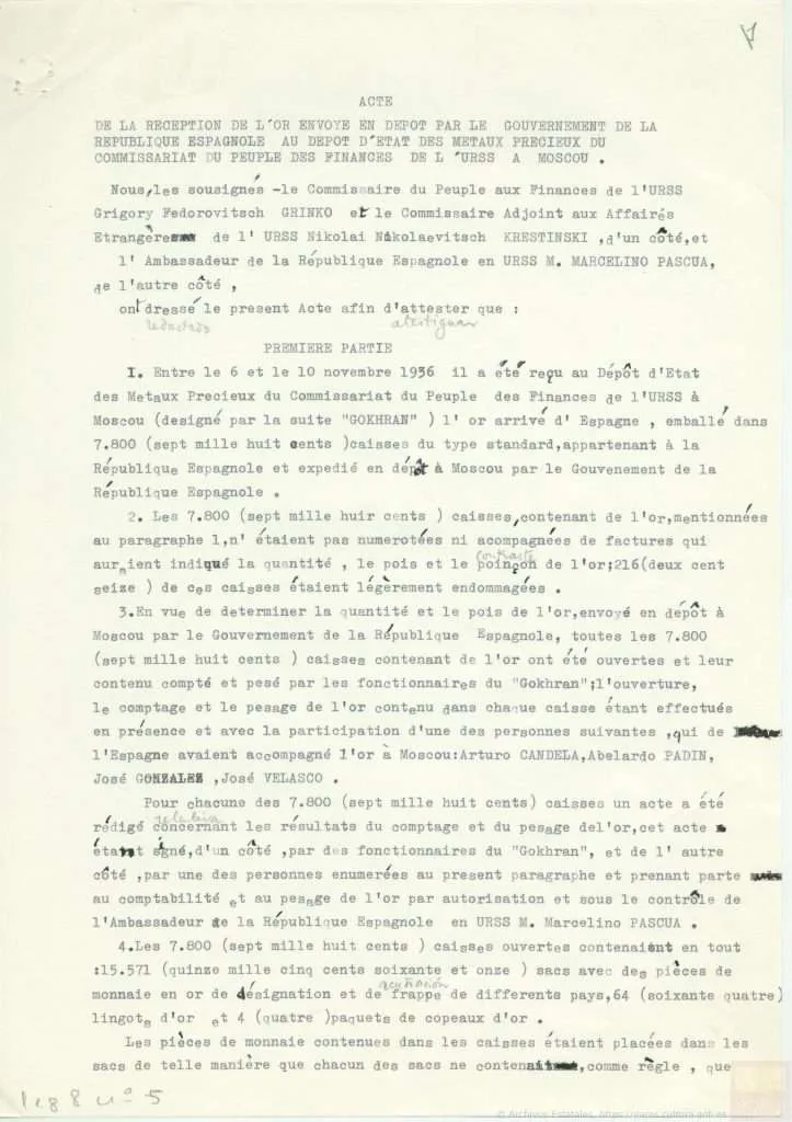 Primera página de la copia en francés del acta de recepción del oro definitiva, Moscú, febrero de 1937