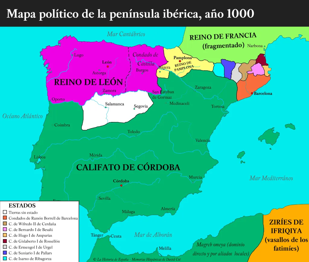 Mapa político de la península ibérica, año 1000, por David Cot