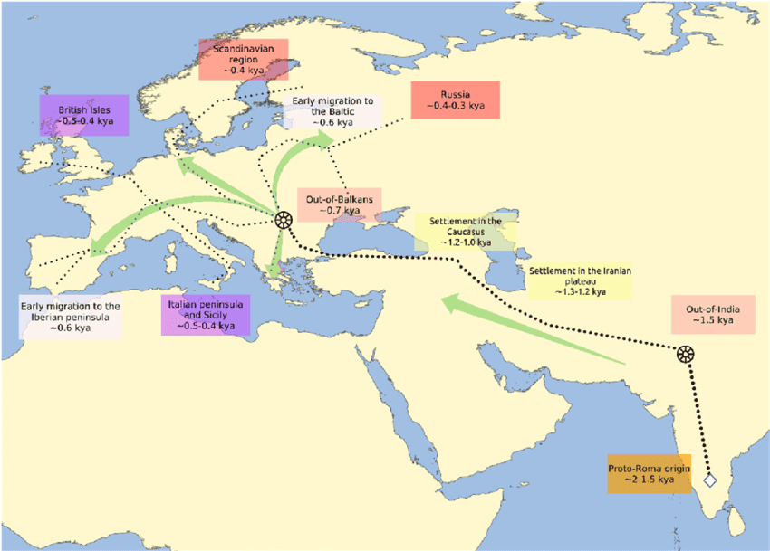 Migración de los gitanos en kiloaños desde su salida de la India hace 1500 años, por Giacomo Ena et al.