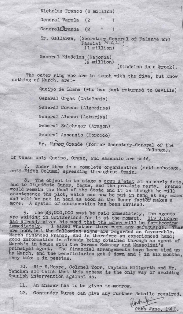 Memorándum preliminar de la operación SOBORNOS, 26 de junio de 1940