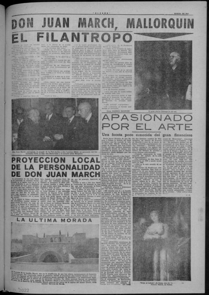 Muerte de Juan March. Baleares: Órgano de Falange Española Tradicionalista y de las JONS, 11 de marzo de 1962