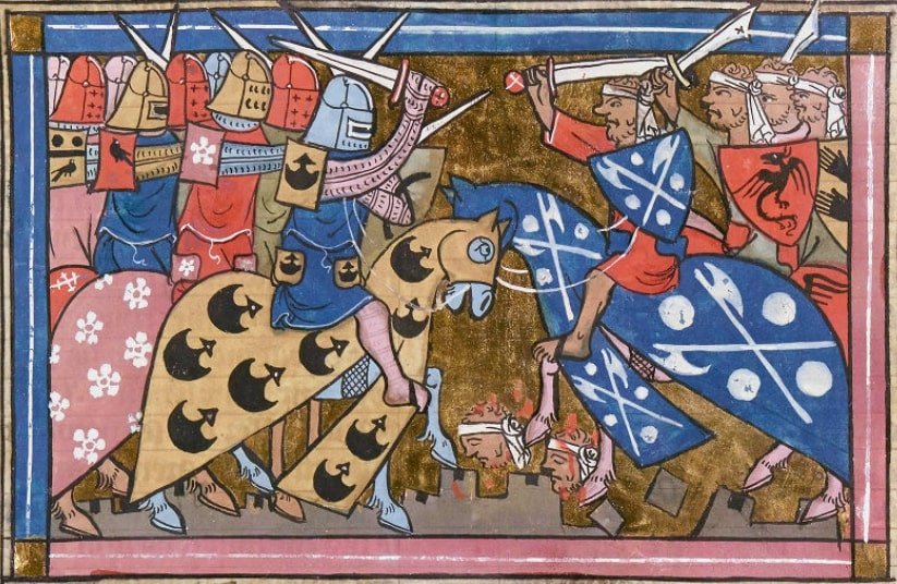 Batalla de la segunda cruzada con el rey Luis VII de Francia. Manuscrito francés anónimo, siglo XIV. Se observan las diferencias entre caballería pesada y ligera.