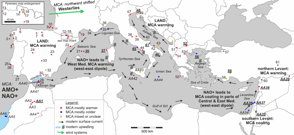 Tendencias de temperaturas del periodo cálido medieval en el mundo Mediterráneo según 79 estudios, por Lüning et al.