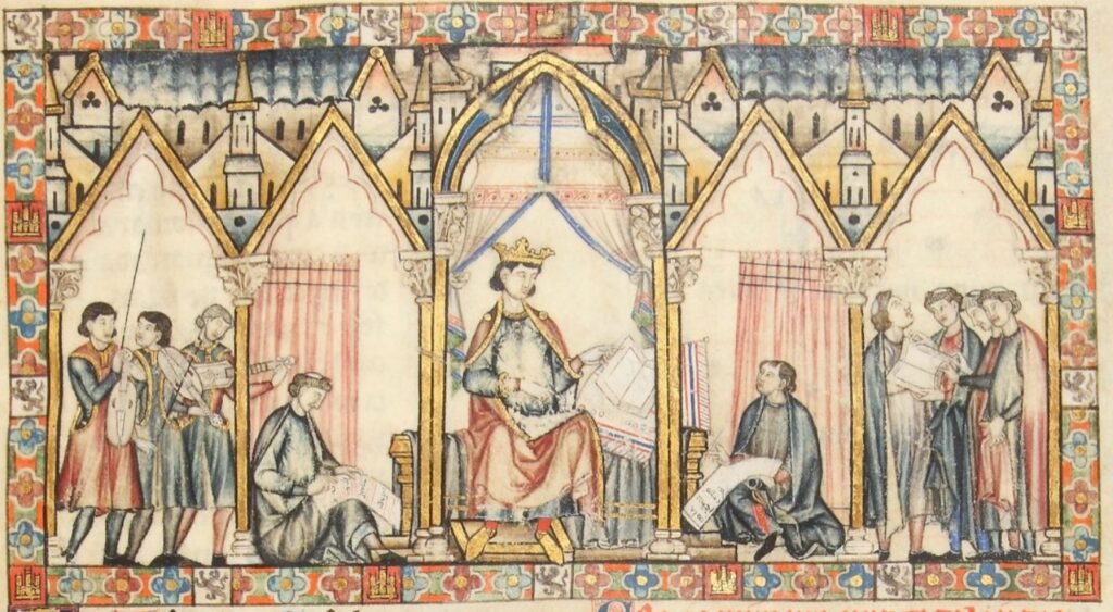 Cantigas de Santa María (1284). Rey en la corte con escribas y músicos