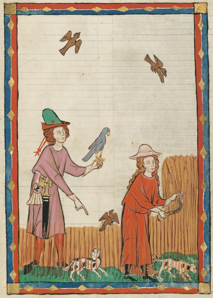 Codex Manesse (Zúrich, 1305-1340). Kunz von Rosenheim. Mujer campesina segando y hombre mandando