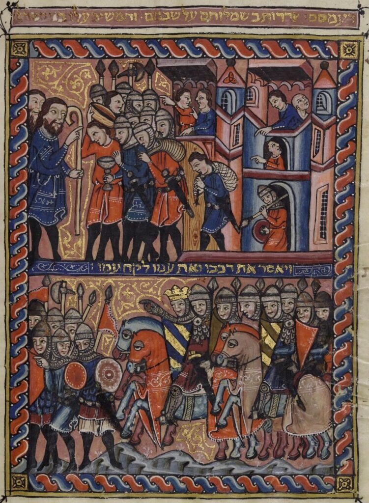 Hagadá Rylands (Cataluña, c. 1340). Rey y ejército de caballeros y soldados