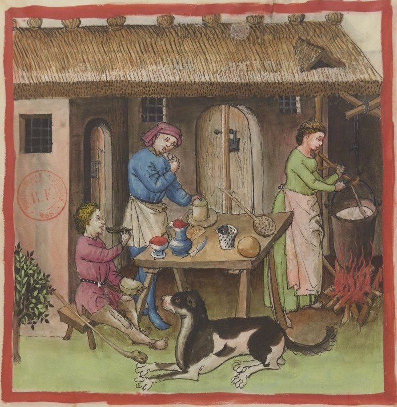 Tacuinum sanitatis de Ibn Butlan (Renania, c. 1425). Comiendo y cocinando en casa junto a un perro