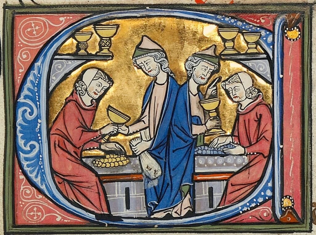 Vidal Mayor (Fuero de Aragón, c. 1290). Hombre intercambiando copa por una bolsa de dinero de un judío