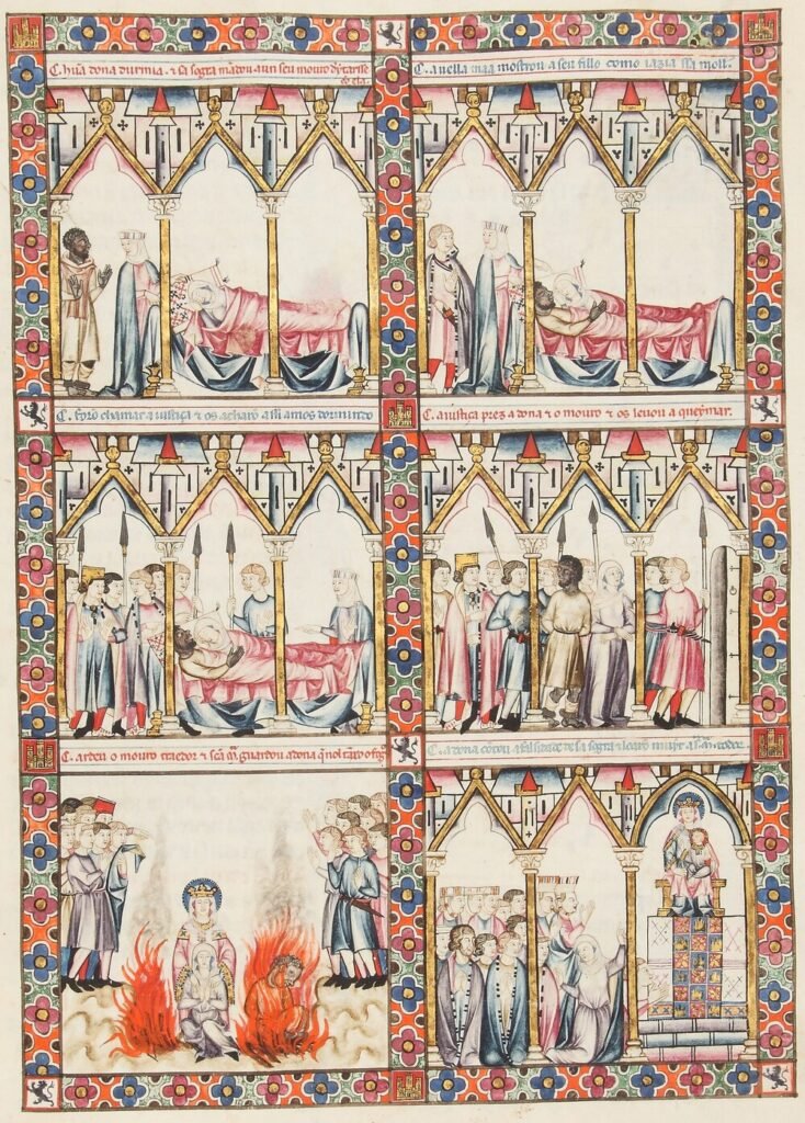 Cantigas de Santa María (1284). Negro musulmán arrestado y quemado vivo por tener sexo con mujer cristiana blanca. Ella se salva por un milagro de la Virgen