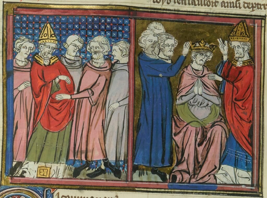 Français 22495 (siglo XIV). Unción del obispo en ceremonia de coronación del rey