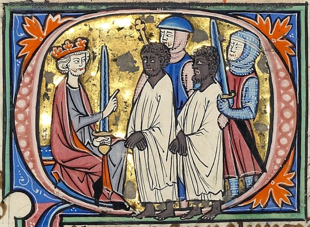 Vidal Mayor (Fuero de Aragón, c. 1290). Soldados llevando a musulmanes negros ante el rey
