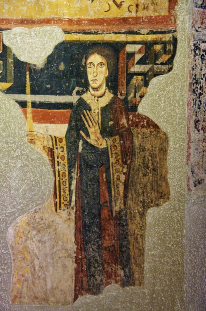 Monasterio de Sant Pere del Burgal (Lérida). Pintura mural de Lucía de la Marca, condesa de Pallars Sobirà, c. 1100. Museo Nacional de Arte de Cataluña
