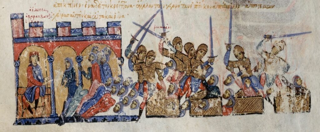 Skylitzes Matritensis (Grecia y Sicilia, c. 1200). Cristianos matando a musulmanes