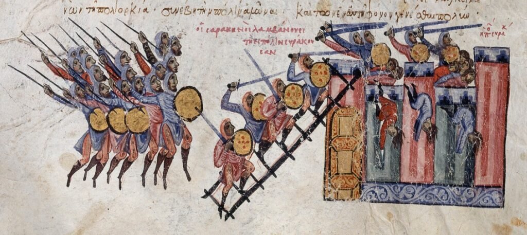 Skylitzes Matritensis (Grecia y Sicilia, c. 1200). Musulmanes asaltando una fortaleza