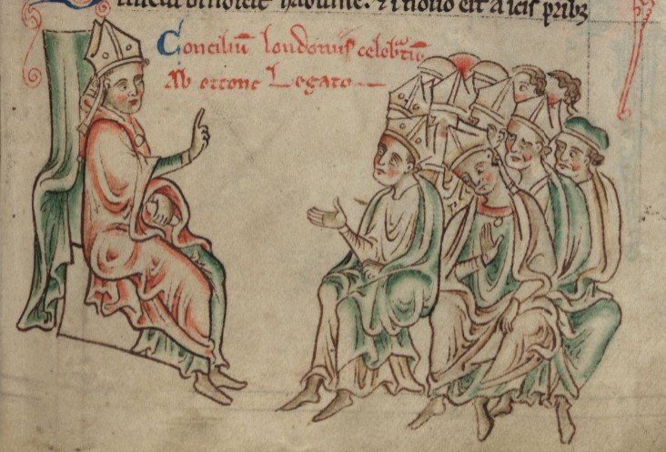 Chronica Majora (c. 1253) de Matthew Paris. Legado papal presidiendo un concilio de obispos en Londres