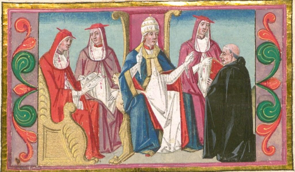 Decreto de Graciano iluminado por Antonio Maria da Villafora (Italia, c. 1480). Papa, cardenales y un monje