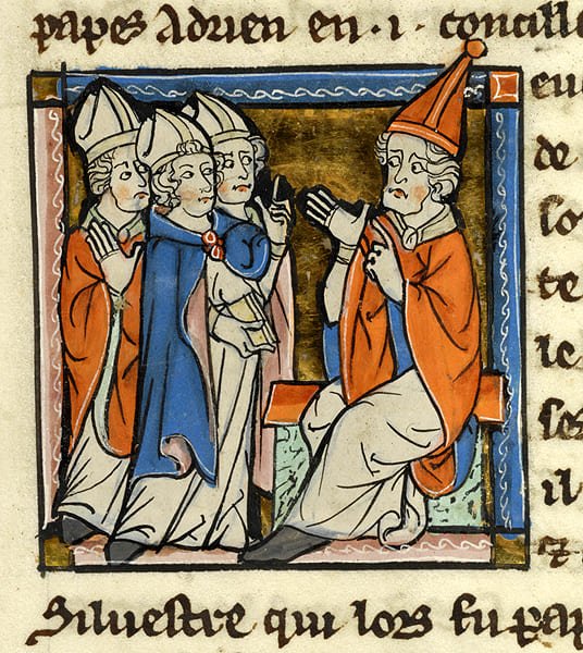 Morgan M. 751 Abrégé des histoires divines (Francia, c. 1300). Papa hablando con obispos