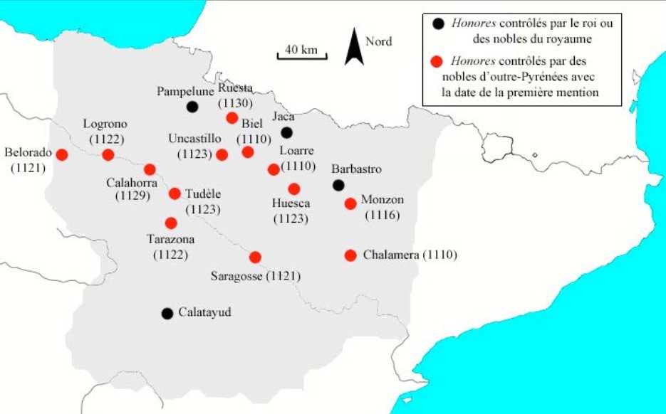 Honores en manos de nobles nativos (negro) y de nobles extranjeros (rojo) bajo el reinado de Alfonso I el Batallador, por Alexandre Giunta