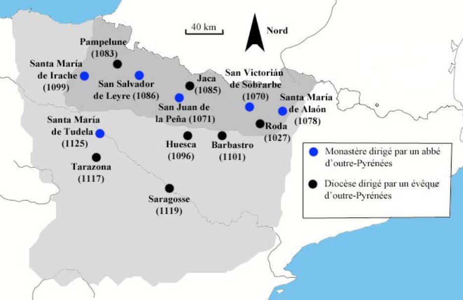 Obispos (negro) y abades (azul) procedentes de más allá de los Pirineos en los reinos de Aragón y Pamplona, por Alexandre Giunta
