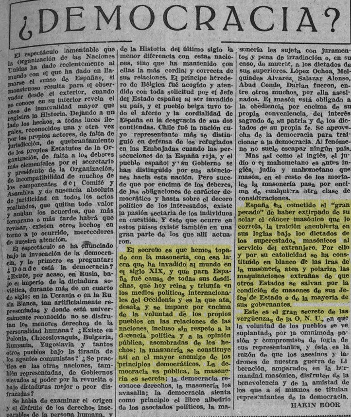 Artículo de Franco bajo pseudónimo sobre la democracia donde habla de masones. Arriba, 5 de enero de 1947