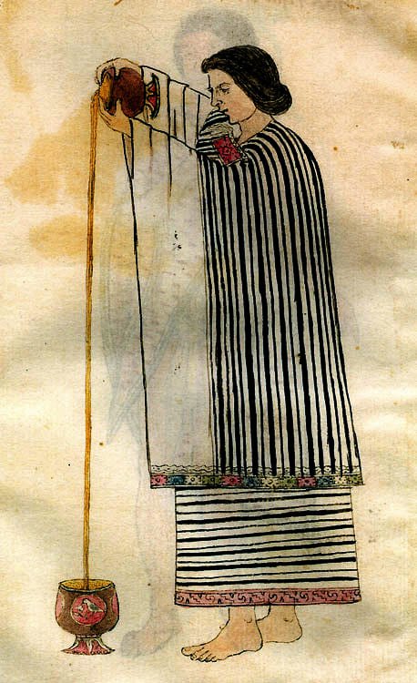 Códice Tudela (1553). Mujer vertiendo chocolate del modo indígena mexica