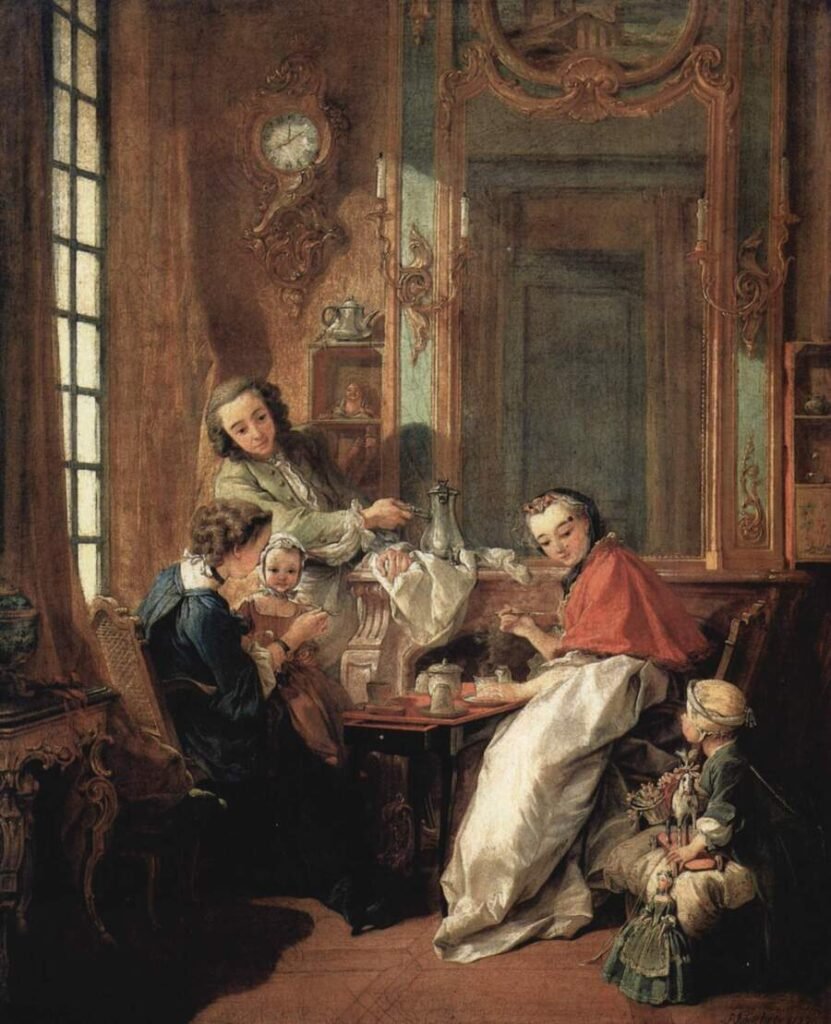 El almuerzo (1739), por François Boucher. Sirven chocolate caliente