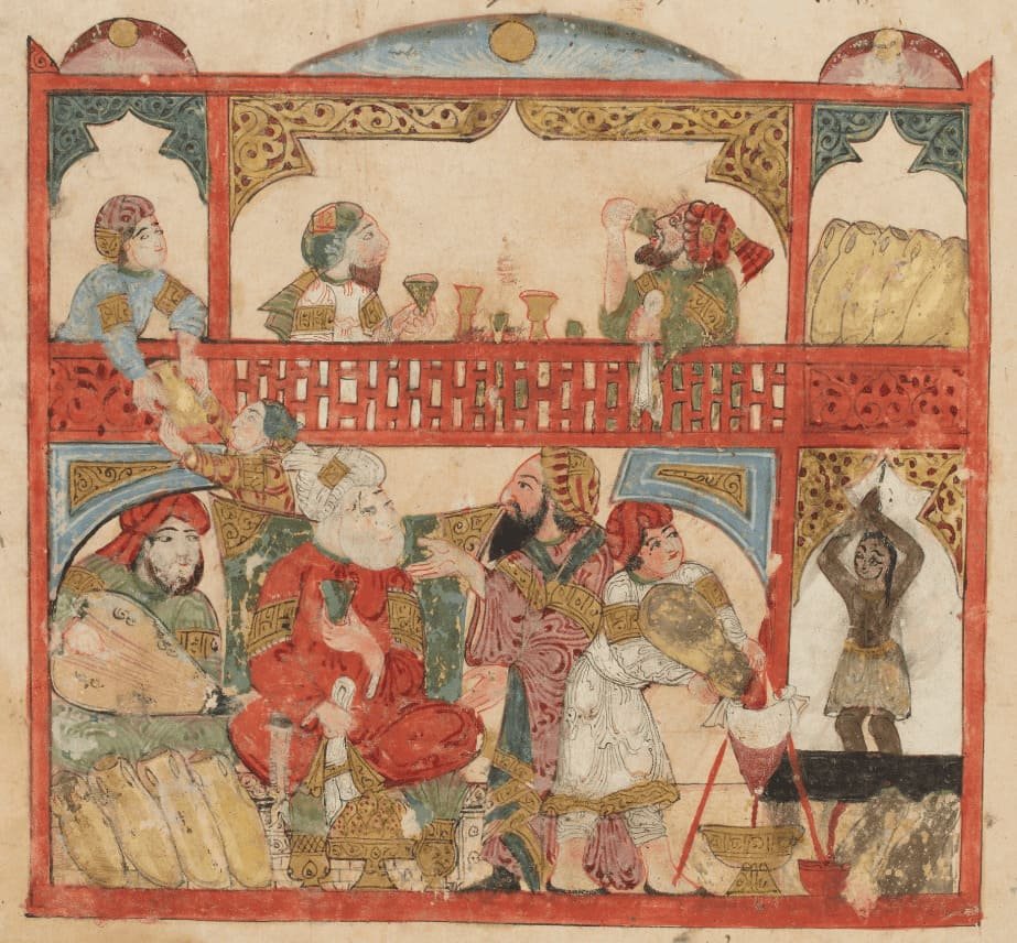 Maqamat de al-Hariri iluminado por Yahya ibn Mahmud al-Wasiti (1237). Musulmanes bebiendo y de fiesta